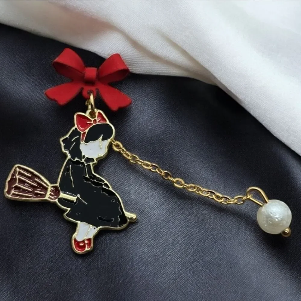 Kiki’s Delivery Service Cute Pearl Earrings Jiji Black Cat Witch Broom Red Bows